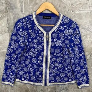 Blue floral zip-up jacket with‎ white trim rhinestones women's size 90/ Small